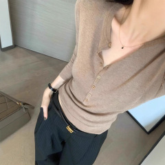 老钱高级感V领针织打底衫女2025秋季修身内搭羊毛衫复古毛衣上衣