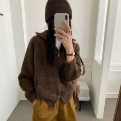 韩系复古设计感翻领针织开衫女秋冬新款慵懒风超好看加厚毛衣外套