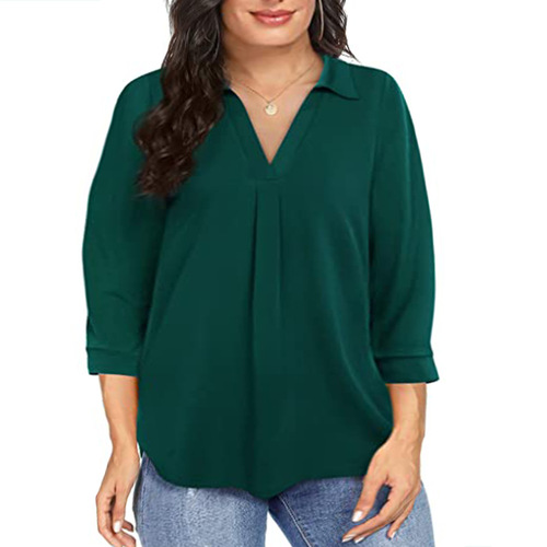 2025 Cross-border Amazon New European and American Style Chiffon Women's Pullover Plus-size Loose V-neck Three-quarter Sleeve Shirt Top