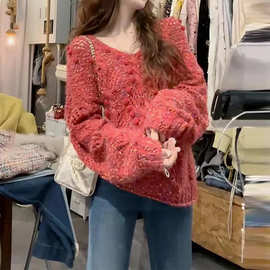 圣诞新年红显白撞色百搭长袖针织衫女春秋冬款高级感穿搭减龄毛衣