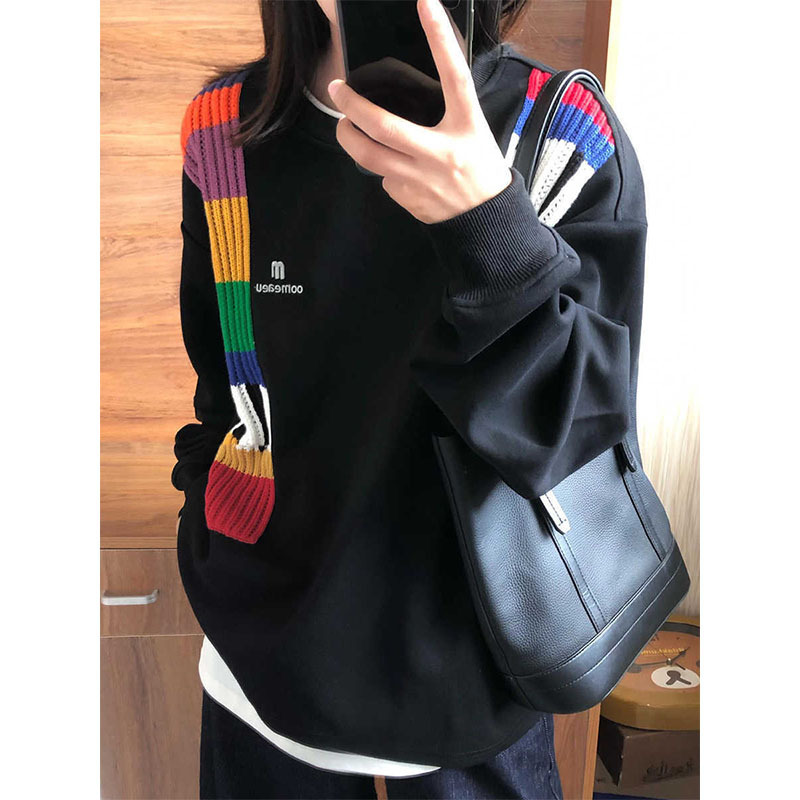 American Style Lazy Rainbow Stitching fleece-lined Thickened Round Neck Sweatshirt Women's All-match Loose Coat Top for Small Women in Autumn and Winter American Style Lazy Rainbow Stitching fleece-lined Thickened Round Neck Sweatshirt Women's All-match Loose Coat Top for Small Women in Autumn and Winter