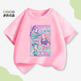 跨境亚马逊猎魔女团KPop时尚男女儿童短袖T恤中大童卡通休闲上衣