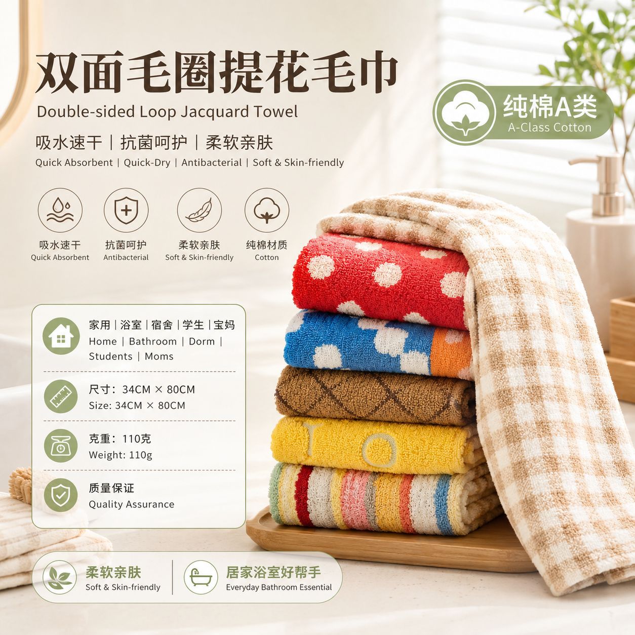 Algodón tipo A toallas jacquard de doble cara absorción antibacteriana secado rápido suave toallas de baño para limpiar la cara al por mayor