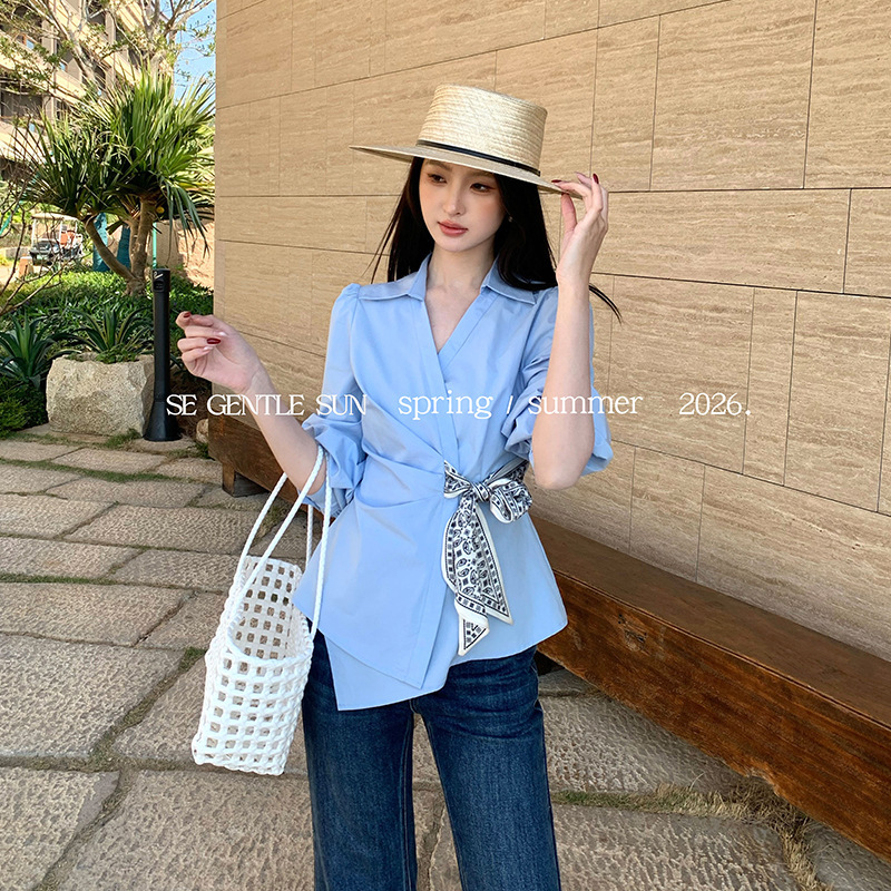 [Special Offer, No Returns or Exchanges] Xiu Xixi Spring V-Neck Tencel Cotton Tie-Up Shirt Women's Long-Sleeved Top 89662