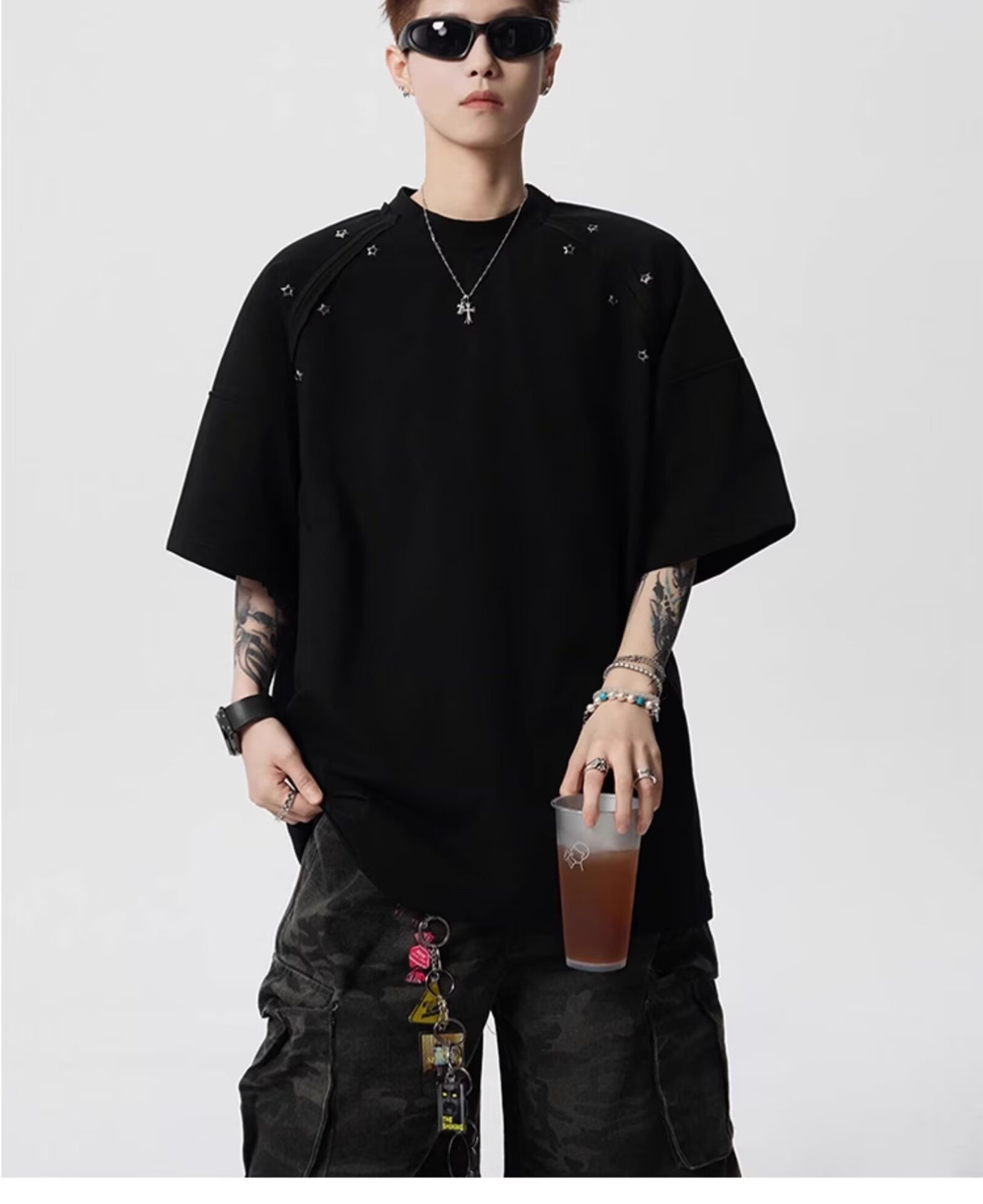 Summer Niche Willow Nails Embellished Decorative Design Sense Shoulder Pad T-shirt Men's Short-sleeved Casual Versatile Heavy T-shirt Top_viptrois.com