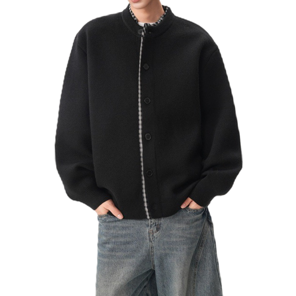 Explosiones transfronterizas camisas a cuadros de tamaño grande europeo falsas dos piezas camisas de punto suéter cardigan chaqueta de moda fábrica al por mayor