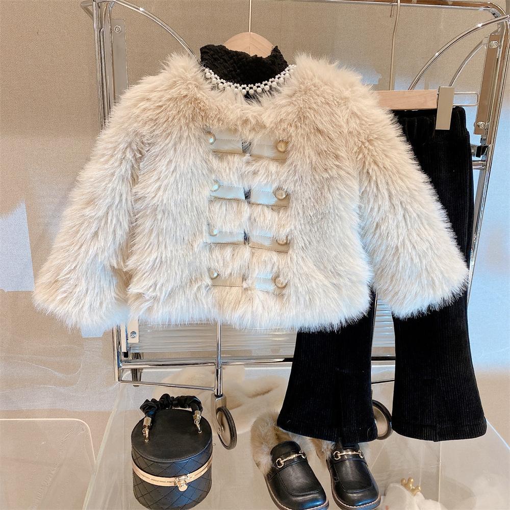 girl Small fragrant wind Fur imitation Temperament models Double-breasted thickening coat jacket 2022 Winter clothes New products Female baby