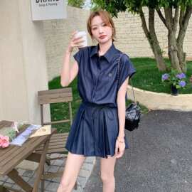 蓝色气质休闲宽松衬衫百褶半身裙套装两件套女夏季韩版盐甜系穿搭
