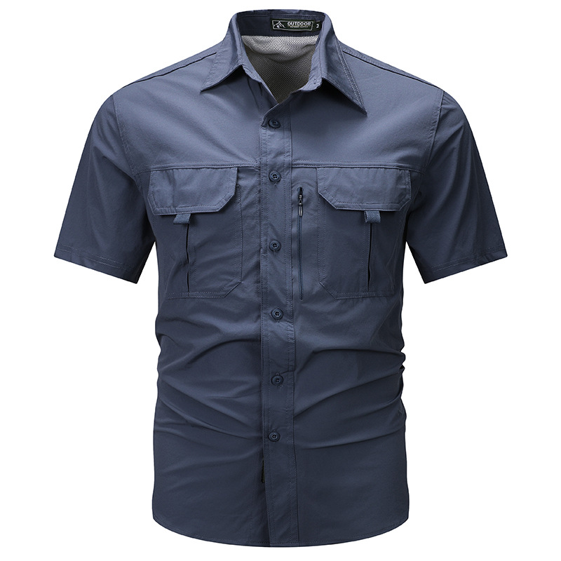 Casual al aire libre de verano multibolsillos camisa de mangas cortas camisa delgada ventilada al aire libre chaqueta elástica de hielo