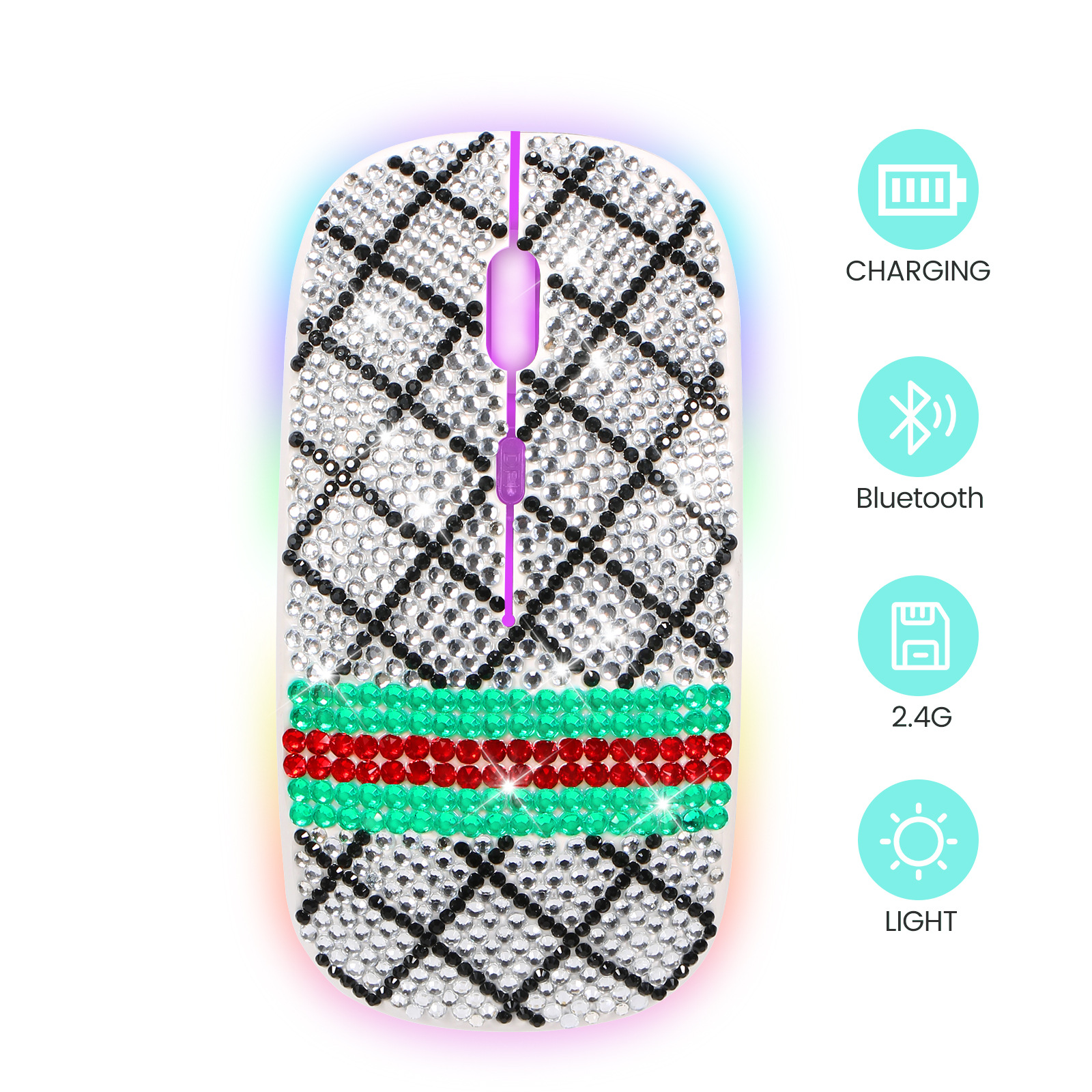 Cross-border recargable mudo diamante incrustado Bluetooth de doble modo de ratón de regalo electrónico colorido luminoso inalámbrico Bluetooth ratón