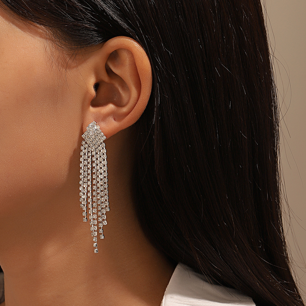 Exaggerated Tassel Rhinestone Drop Earrings For Women Elegant Style_voghion.com