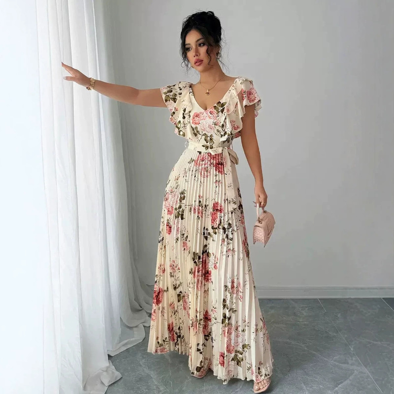 Foreign trade summer floral print dress with ruffle sleeves, V-neck, long skirt, elegant and romantic pleated floral dress Foreign trade summer floral print dress with ruffle sleeves, V-neck, long skirt, elegant and romantic pleated floral dress