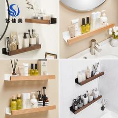 Hole-free wall-mounted vanity organizer for bathroom, toilet, sink, and makeup storage, solid wood bathroom shelf