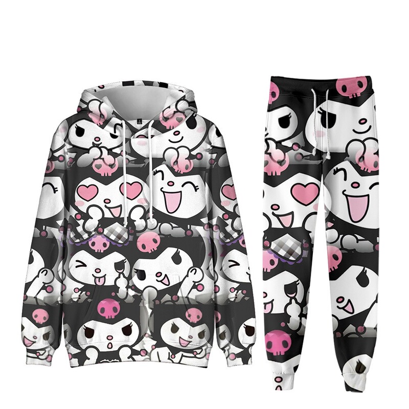 Kuromi cartoon print hoodie and sweatpants set, cute two-dimensional casual hooded two-piece outfit