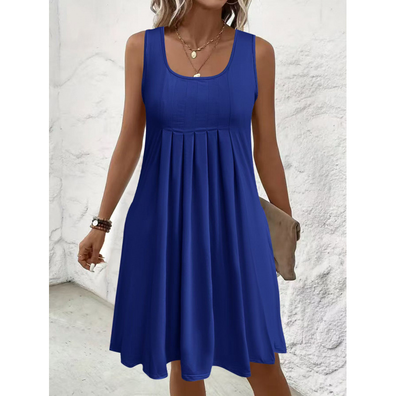 In-Stock European and American Cross-Border Amazon Women's Summer Solid Color Pleated Design Sleeveless Loose Dress with Pockets