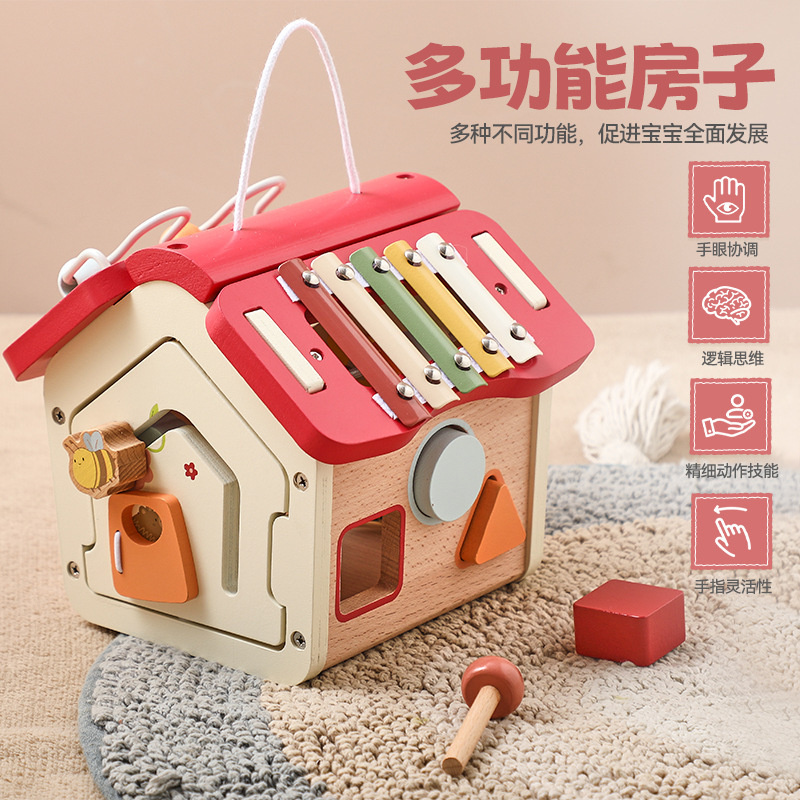 Juguete de casa multifuncional portátil, piano de madera, forma de cuentas, casa de aprendizaje cognitivo, juguete educativo de educación temprana