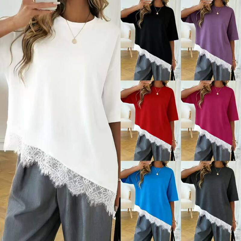 2026 Summer New Cross-Border Women's Clothing with Elegant Design, Asymmetrical Hem, Lace Splicing, Short-Sleeved Plus-Size T-Shirt Top for Women