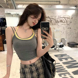 紧身春夏撞色外穿风无袖性感短上衣假两件挂脖辣妹吊带背心女内搭