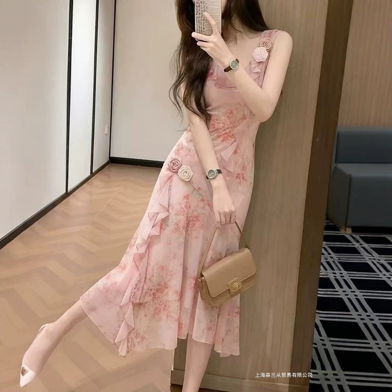 French-Style Floral Ruffled Pink Suspender Dress for Women, Unique and Beautiful Design for Summer, Slim-Fit Sleeveless Dress