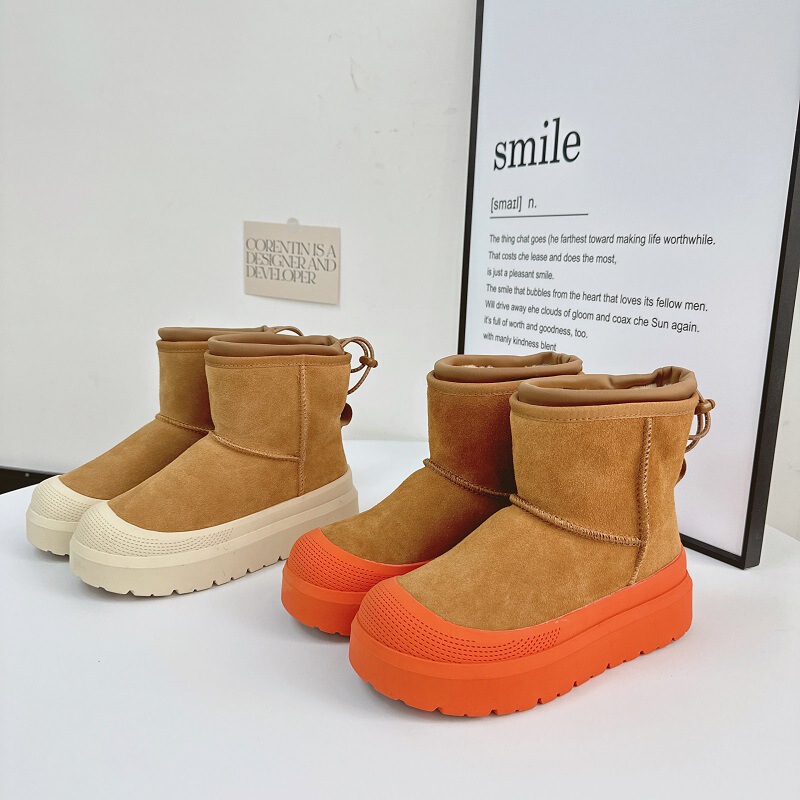 Wang Yibo's Same Style Tasman Leather Snow Boots for Women 24 Winter New Style Fleece-Lined Thickeneded Mid-Calf Wool Cotton Boots for Women
