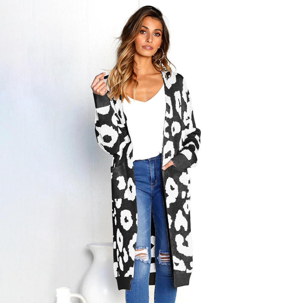 Women's Clothing leopard print sweater loose mid length knitted cardigan top one piece drop shipping_voghion.com
