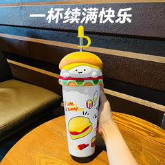 新款高颜值不锈钢304可爱萌堡保温杯吸管杯大容量635ml冰霸杯