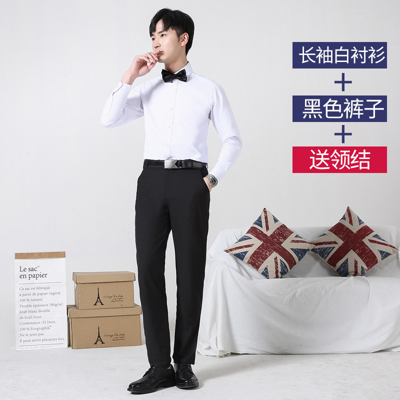Long-sleeved white shirt + black pants with bow tie / M