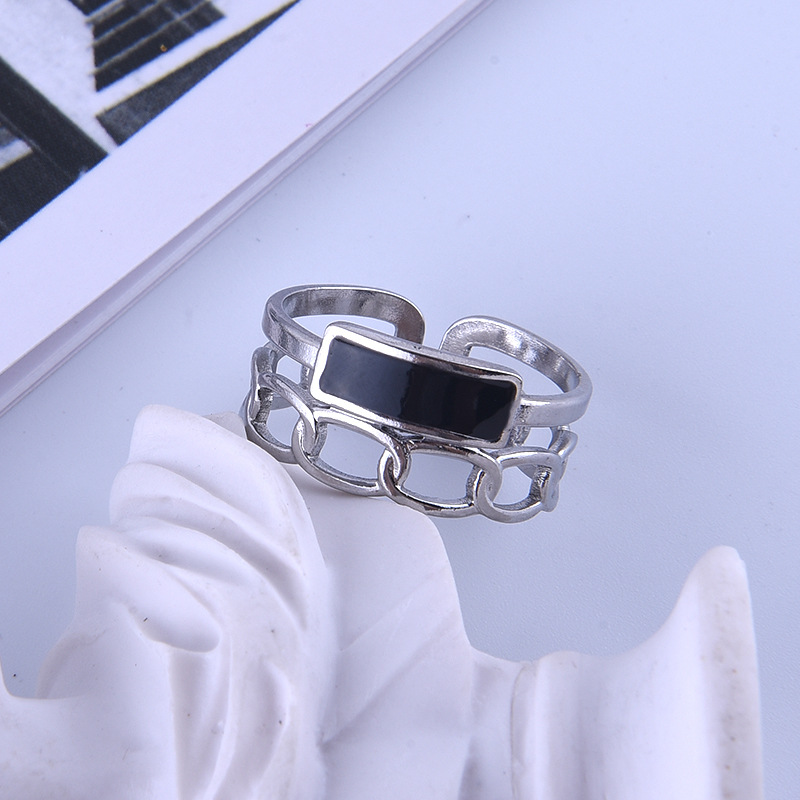 Retro Rectangle Titanium Steel Enamel Open Ring