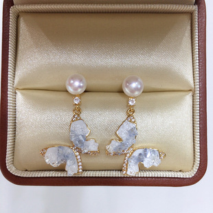 Natural Freshwater Pearl Earrings for Women High-end Summer Sea Blue Ice Crystal Butterfly Pearl Earrings Sterling Silver Earrings