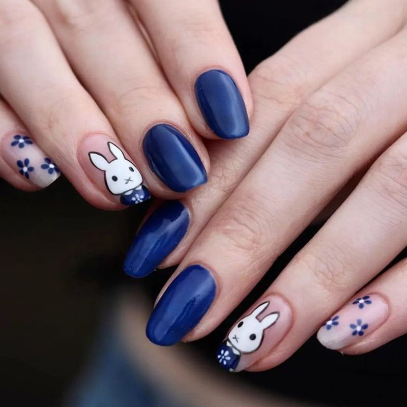 Simple Glossy dark blue Floral Shirt White Rabbit Short Square Easter Nail Nail Pieces Holiday Wear Armor