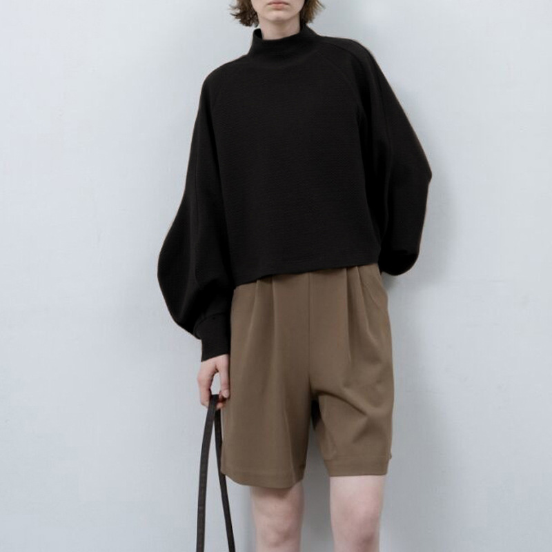 Diseño de alto grado de nicho medio cuello alto suelta corta pierna de cordero suéter de manga textura de las mujeres estilo de Chanel pullover top