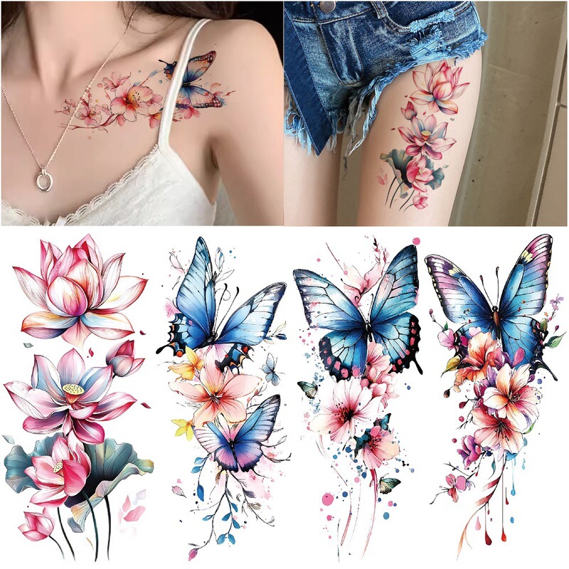 New Cross-Border Set of Colorful Flower, Butterfly, Lotus Chest Temporary Tattoos with Water Transfer Printing