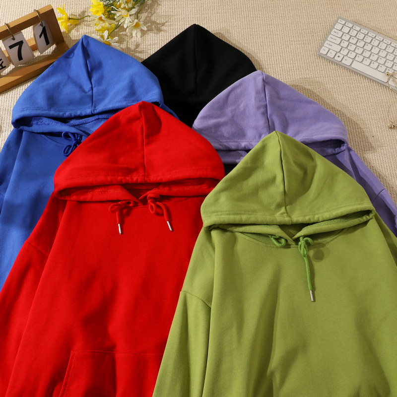 2023秋冬装男女加绒新品学生带帽加绳子外套长袖纯色连帽卫衣情侣