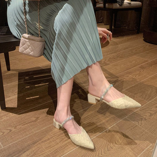 Xinyuda~ Gentle Style One-Word Diamond Strap Spring and Summer Pointed Toe Back Hollow Thick Heel Sandals for Women