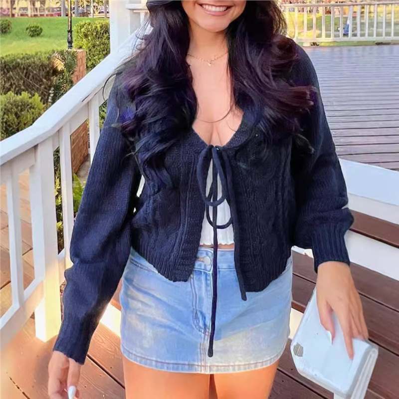 European and American Style Solid Color V-Neck Cable Knit Cardigan Short Lace-Up Lantern Sleeve Sweet Cool Retro Cross-Border Women's Sweater European and American Style Solid Color V-Neck Cable Knit Cardigan Short Lace-Up Lantern Sleeve Sweet Cool Retro Cross-Border Women's Sweater