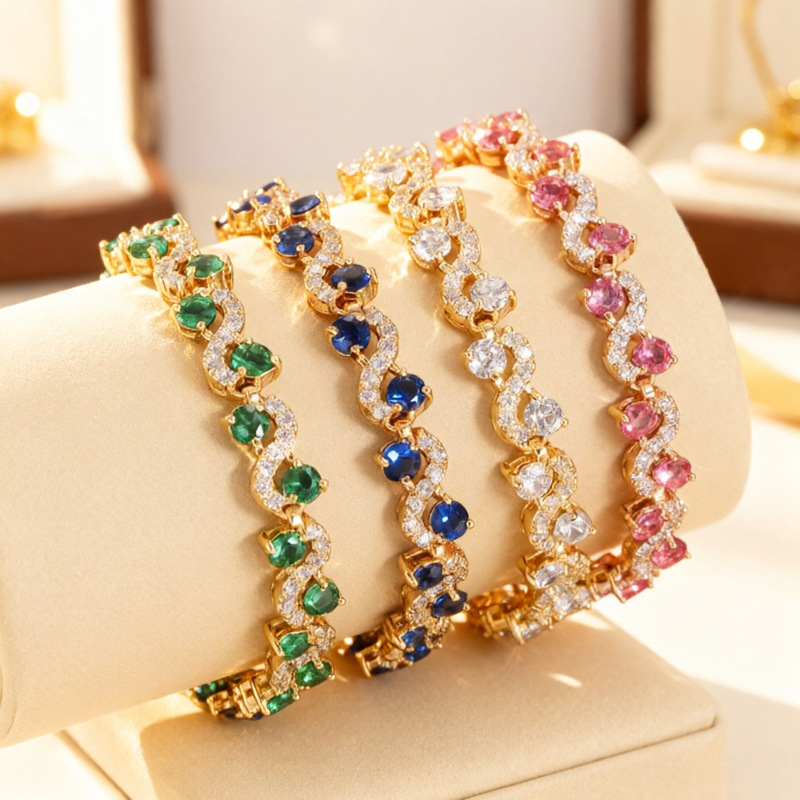 Cross-Border Eco-Friendly Alloy Cross-Colorful Gemstone Bracelet, Fashionable Light Luxury Style, Women's Gemstone Crystal Bracelet Wholesale