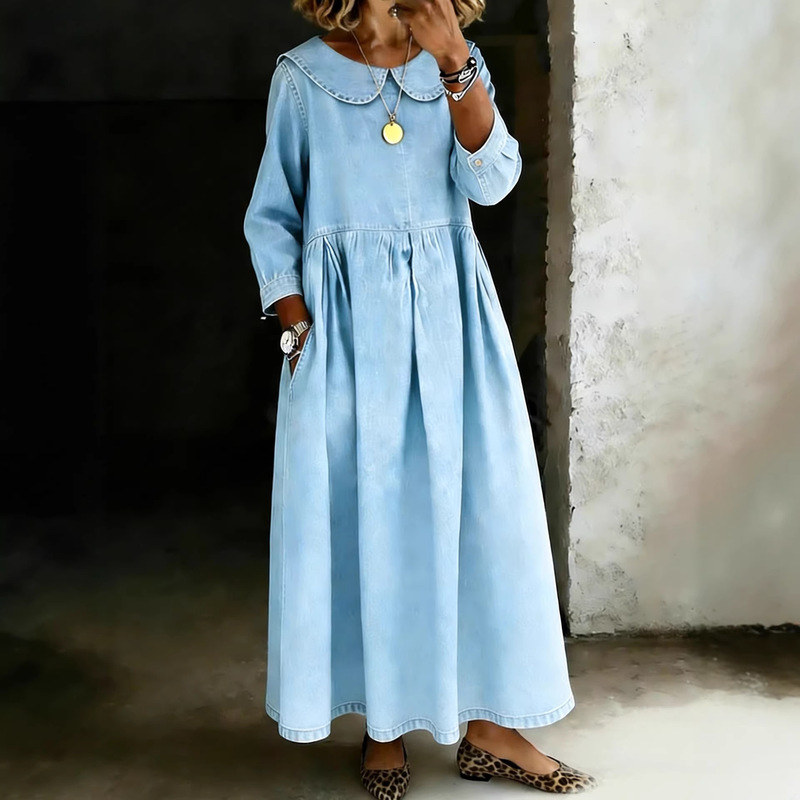 Cross-Border New Product, Popular in Europe and America, Doll Collar Long-Sleeve Pocket Denim Plus-Size Loose Flared Dress Amazon Cross-Border New Product, Popular in Europe and America, Doll Collar Long-Sleeve Pocket Denim Plus-Size Loose Flared Dress Amazon