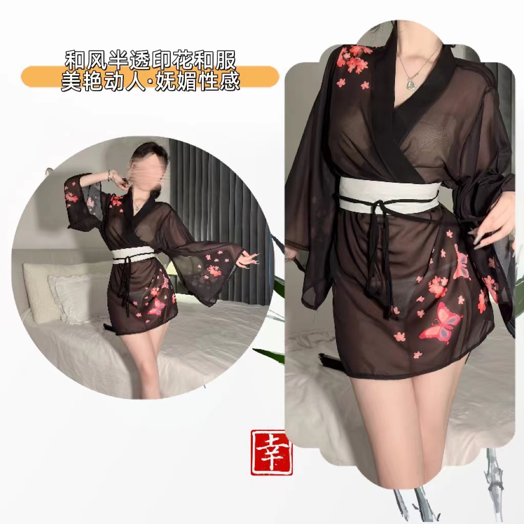 Japanese-Style Cherry Blossom Kimono Lingerie Set with Deep-V Top and Matching Open-Toe Stockings — detail image 8