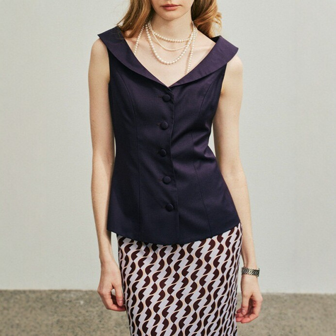 Elegant Purple Vintage Commuter Tr Blend Swan-Neck Vest with Waist-Cinching Lapel V-Neck Shirt Elegant Purple Vintage Commuter Tr Blend Swan-Neck Vest with Waist-Cinching Lapel V-Neck Shirt
