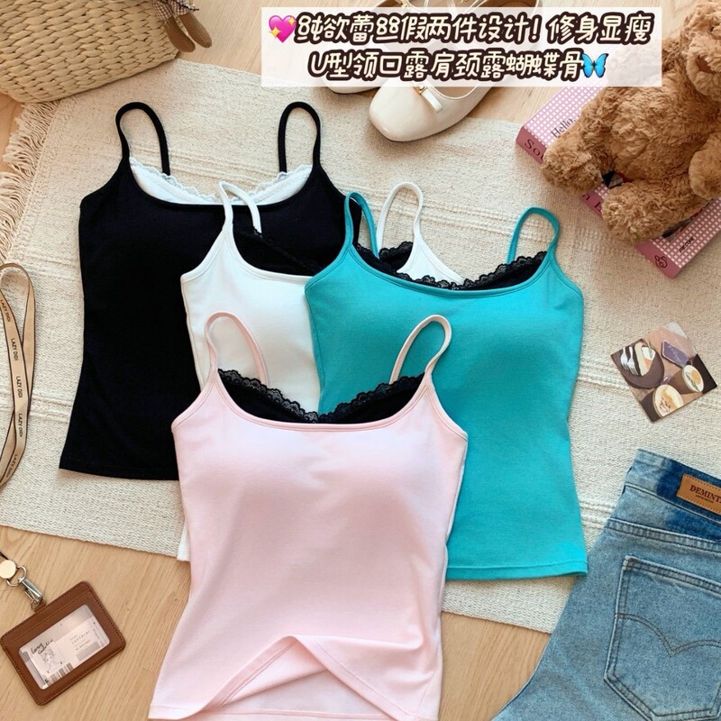 Sexy and unique lace patchwork faux two-piece camisole for women, summer slim-fit sleeveless outerwear, wholesale
