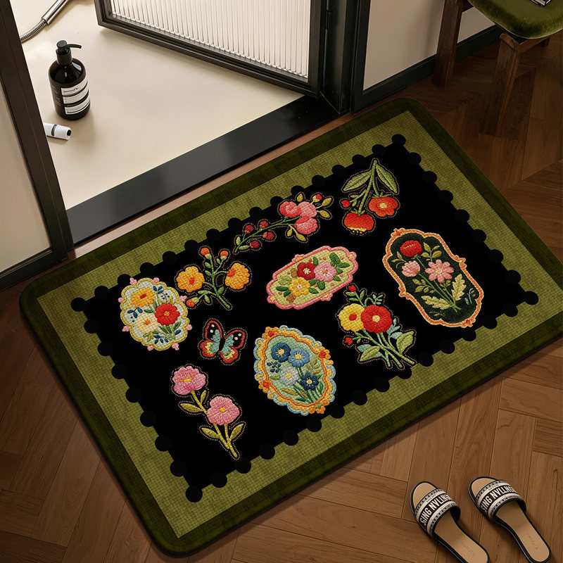 Vintage floral linen bathroom mat, absorbent and quick-drying, suitable for use in the bathroom, toilet, or as an entrance mat, with anti-slip and stain-resistant properties Vintage floral linen bathroom mat, absorbent and quick-drying, suitable for use in the bathroom, toilet, or as an entrance mat, with anti-slip and stain-resistant properties