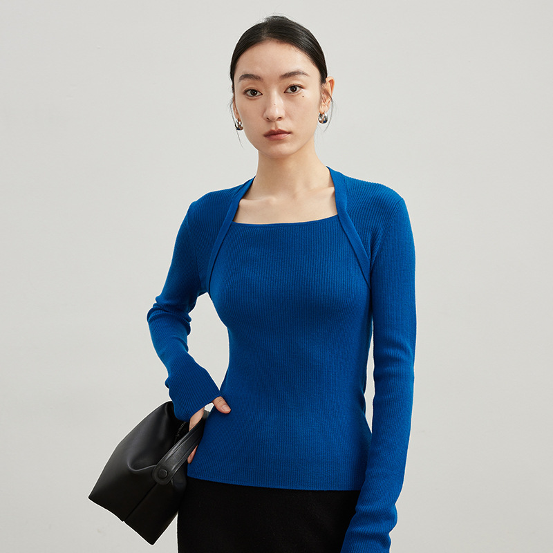 French Elegant Square Neck Long-sleeved Sweater With Worsted Wool Base Layer Sweater