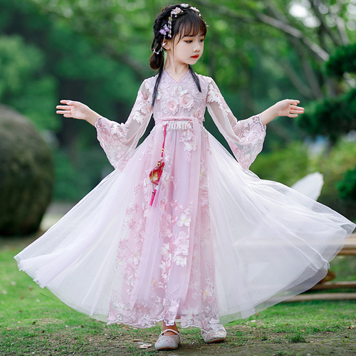 Pink flowers fairy hanfu girls the spring and autumn period and the ancient costume elegant Ru skirt children dress girl fairy long sleeve antique dress
