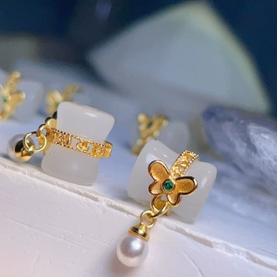 Ancient Copper Gold-plated Accessories 18k True Gold Butterfly Pearl Chalcedony Agate Beads DIY Bracelet Bracelet Jewelry Accessories (Zərgərlik ara hissələri) - white-agate-butterfly-bamboo-jointhigh-color-retention