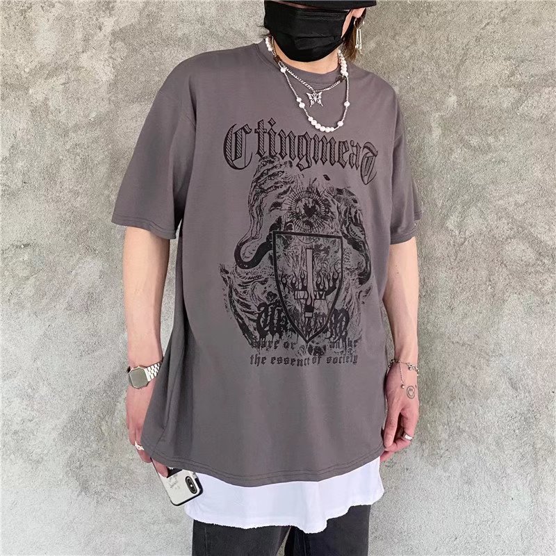 Entrega transfronteriza de una pieza 2022 Corea del Sur INS calle oscura personalidad hip hop todo partido suelta cuello redondo Camiseta de manga corta oscuro