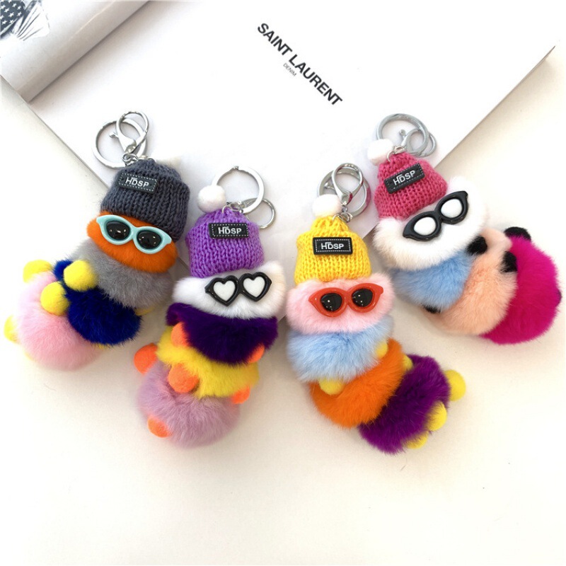 South Korea ins Rex rabbit fur Caterpillar bag pendant cute plush car keychain chain couple doll ornaments female