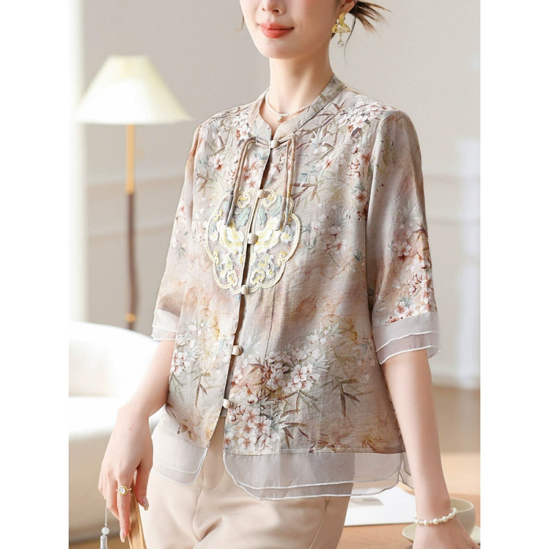 Новая шифоновая рубашка Mom's 2024, новые женские топы с короткими рукавами в китайском стиле, женские рубашки среднего возраста на весну и лето в национальном стиле