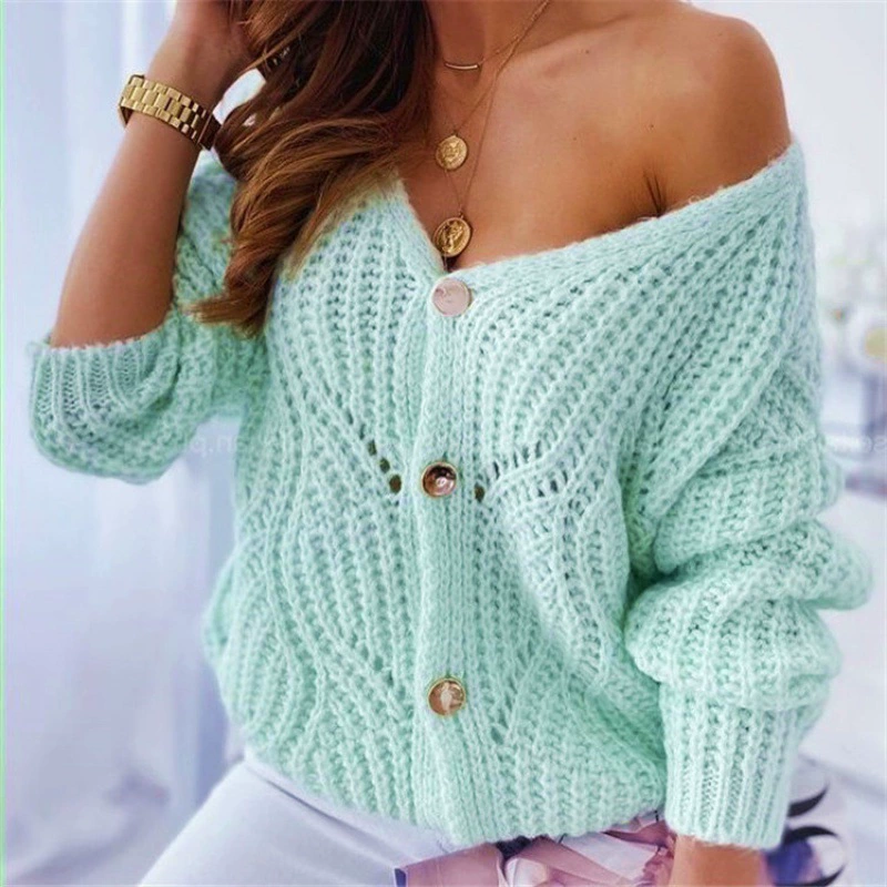 Трансграничная Внешняя торговля Amazon свитер Женское пальто 2023 весна и осень Новый однотонный свежий сладкий полый вязаный кардиган