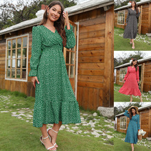 跨境外贸亚马逊独立站2024欧美秋季波点印花优雅V领度假风连衣裙