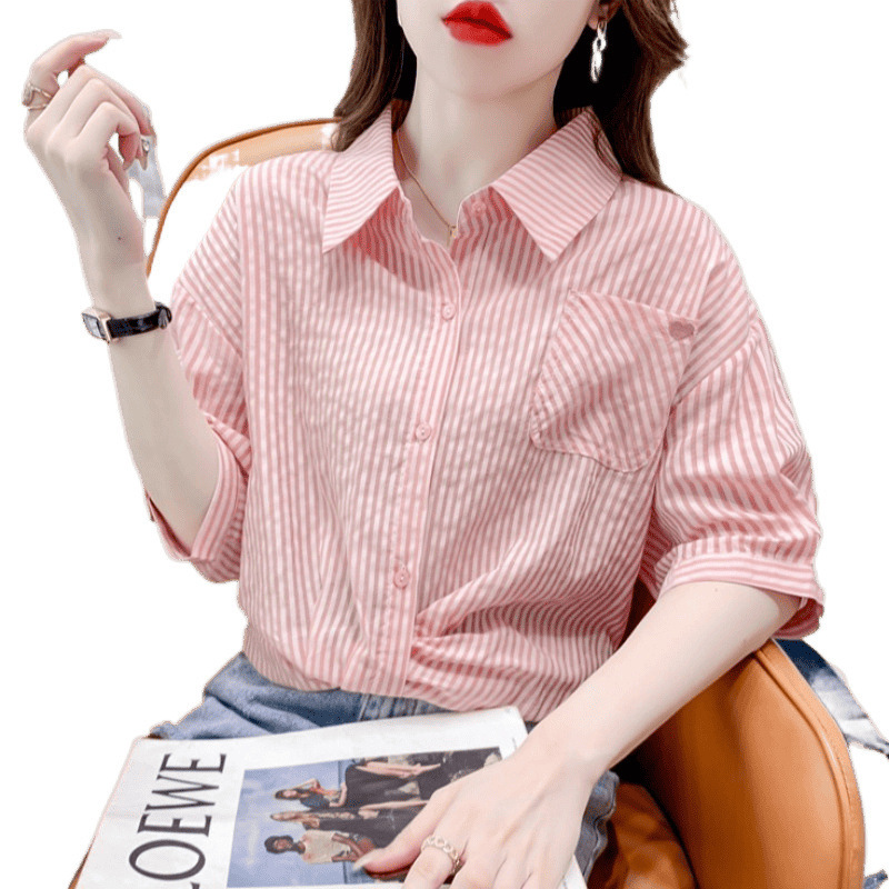 ストライプ半袖シャツ女性のための夏の 2025 新デザインニッチ痩身ショートフレンチお腹カバートップ|undefined